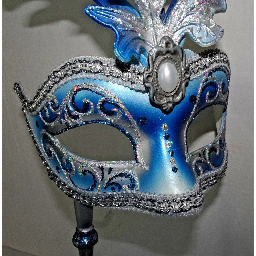 Beautiful Venetian Hand Painted Mask Venice Blue Masquerade with Handle Dated